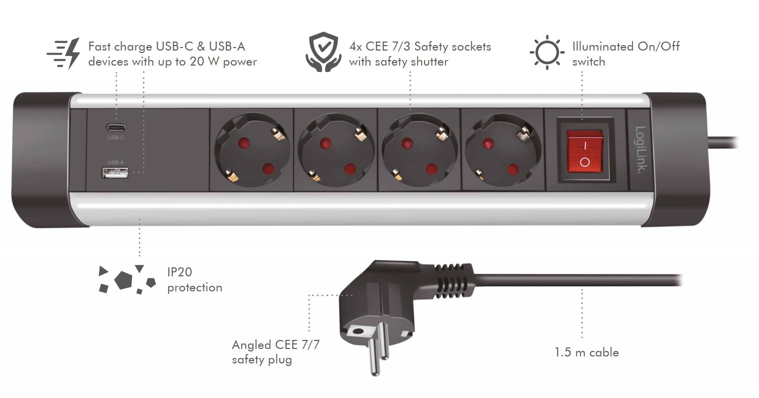 Presa Multipla a 4 vie con Presa USB-C™ PD e USB-A QC per la Ricarica Veloce LOGILINK - immagine 3