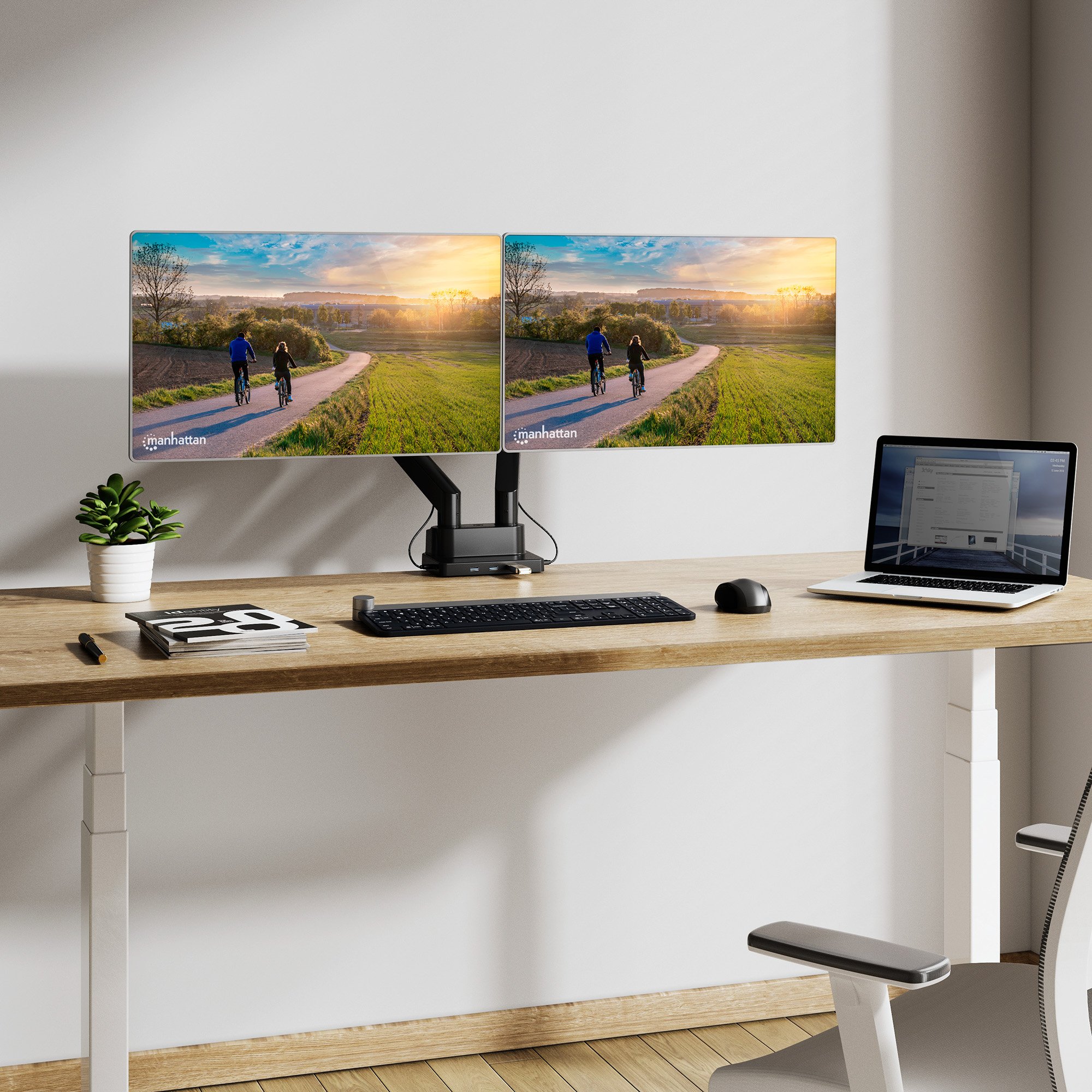 Supporto da Scrivania Doppio Monitor 17-32'' con Molla a Gas e Docking Station 8-in-1 MANHATTAN - immagine 4