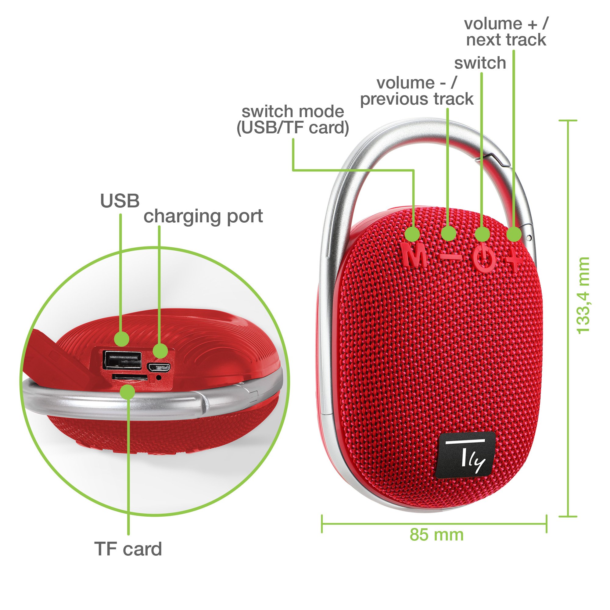 Mini Altoparlante Wireless BT V5.3 Speaker Luce LED Vivavoce TF USB Rosso TECHLY - immagine 4