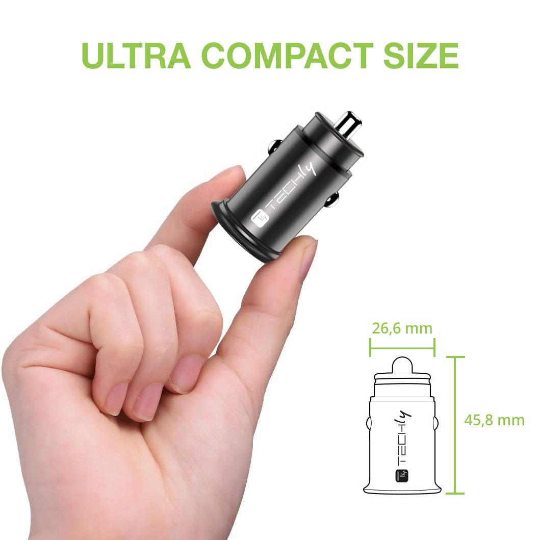 Mini Caricatore da Auto USB-A e USB-C™ Ricarica rapida 38W Metallo Nero TECHLY - immagine 3