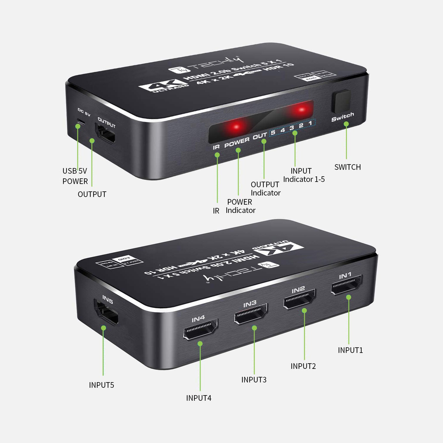 Switch HDMI 2.0b 5in 1out 4K HDR HDCP2.2 con Telecomando TECHLY - immagine 3