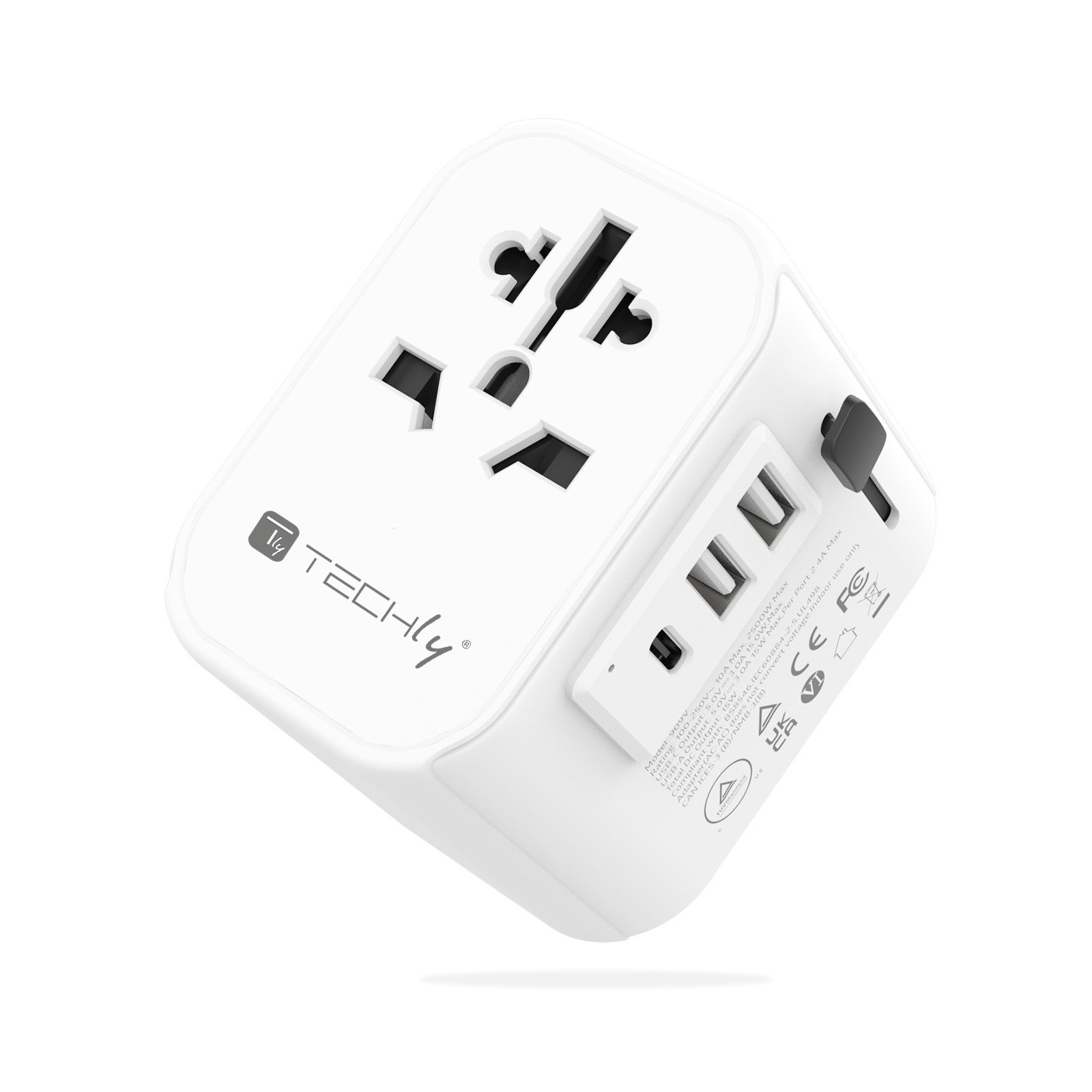 Adattatore da Viaggio Universale 150 Paesi 2 porte USB-A e 1 porta USB-C&trade; Bianco TECHLY