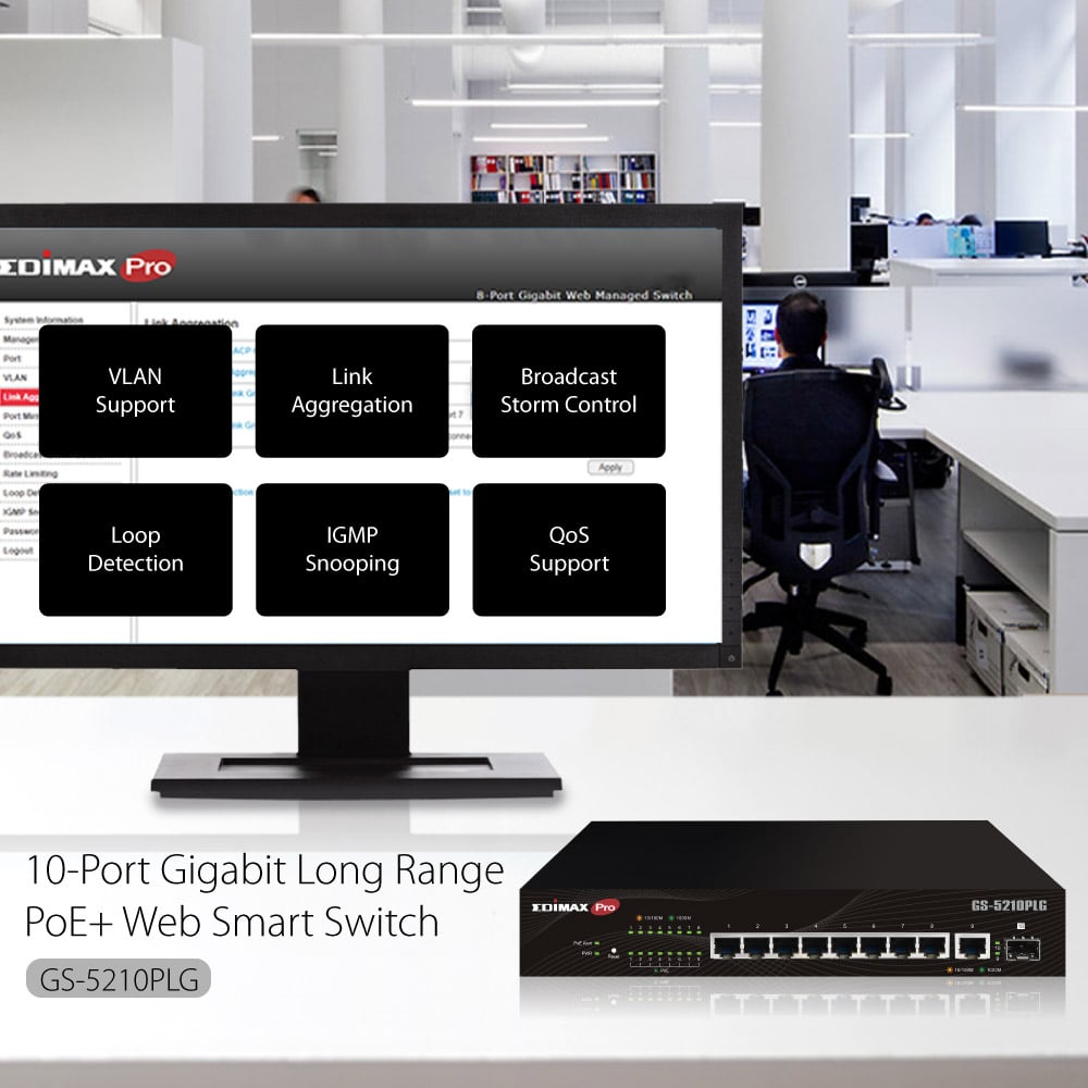 Smart Switch Web 10 porte Gigabit PoE+ 1 porta SFP, GS-5210PLG EDIMAX - immagine 6
