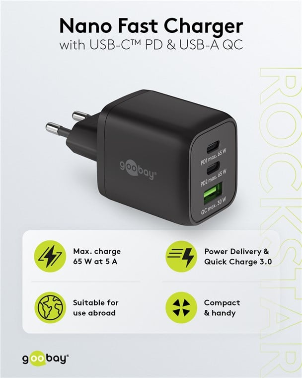 Nano Caricatore Alimentatore GaN 2xUSB-C™ (PD) + USB-A (QC) da Muro 65W Nero GOOBAY - immagine 5
