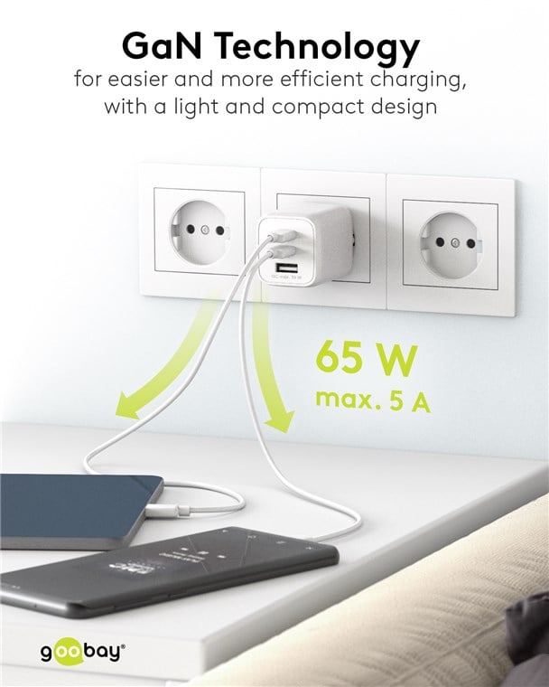 Nano Caricatore Alimentatore GaN 2xUSB-C™ (PD) + USB-A (QC) da Muro 65W Bianco GOOBAY - immagine 5