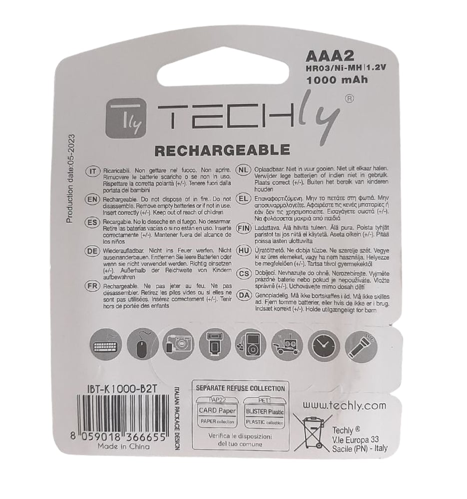 Blister 2 Batterie Ricaricabili Mini Stilo HR03 AAA 1000 mAh TECHLY - immagine 5
