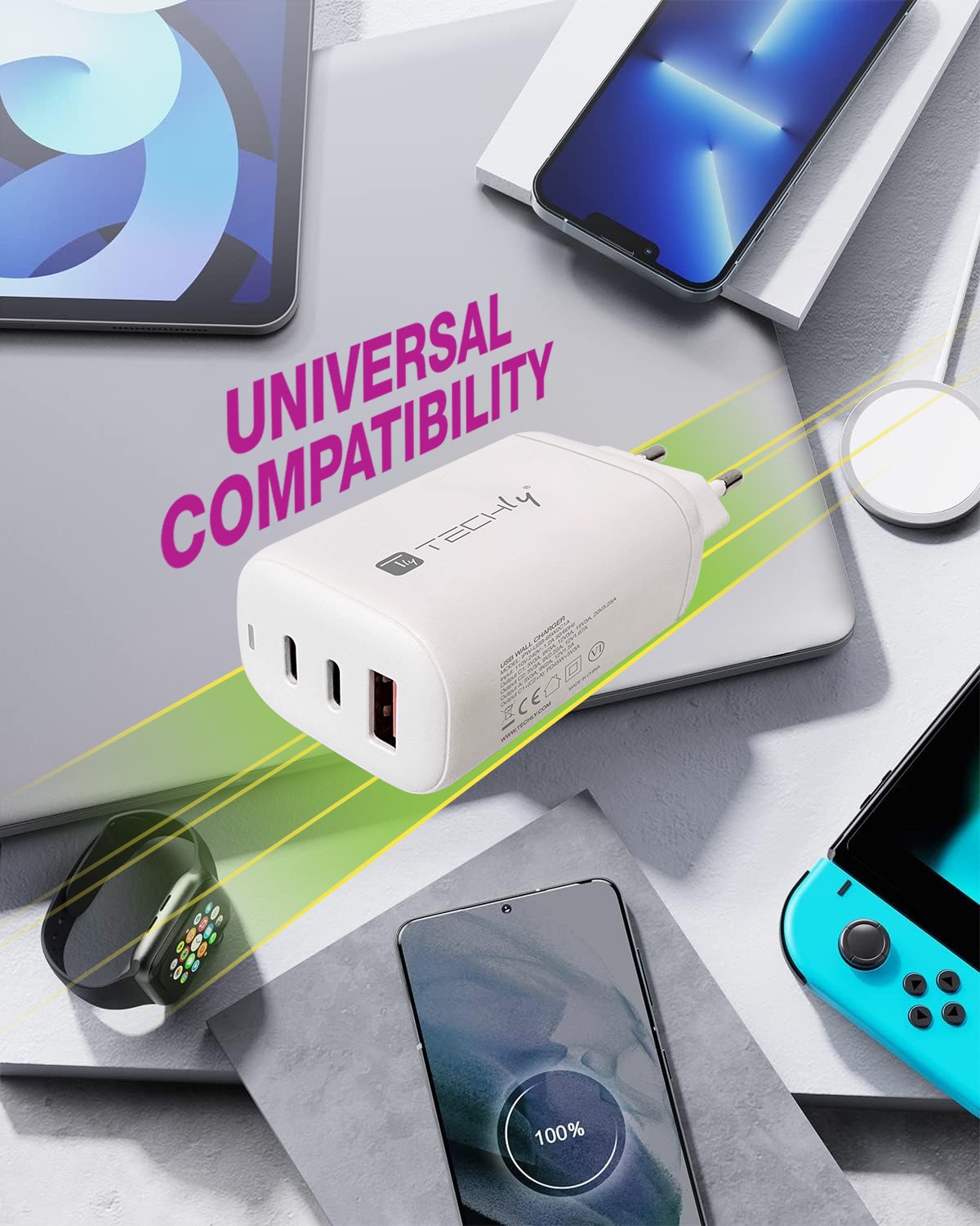 Caricatore Alimentatore 2 porte USB-C™ e 1 USB-A da Muro 65W TECHLY - immagine 5