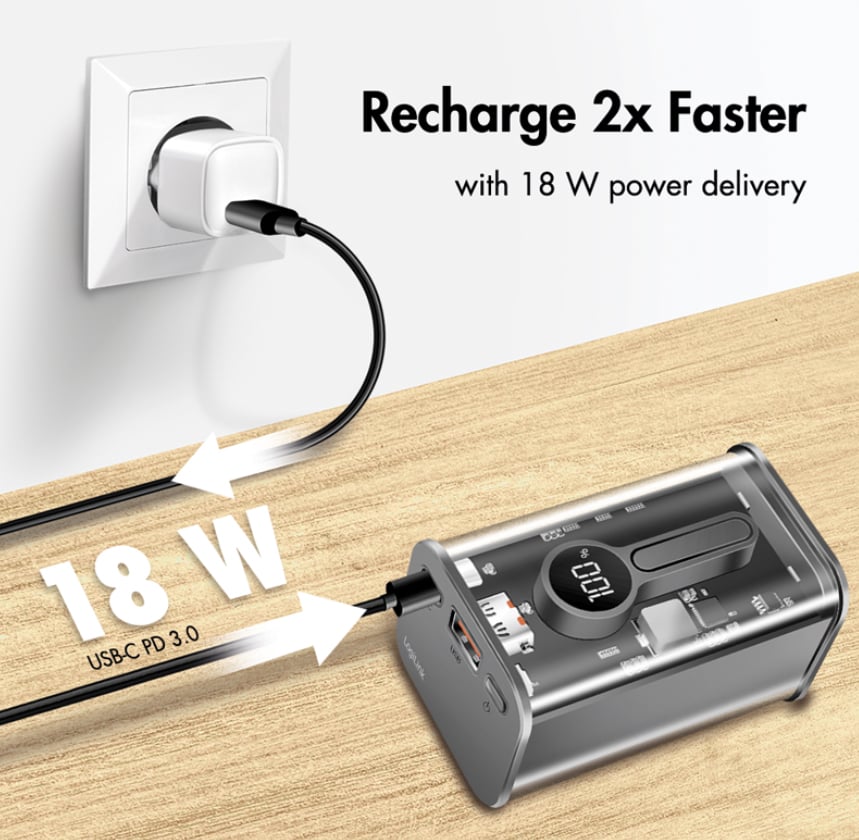 Power Bank 10000 mAh 1x USB-A 1x USB-C™ con Display PD & QC Trasparente LOGILINK - immagine 4