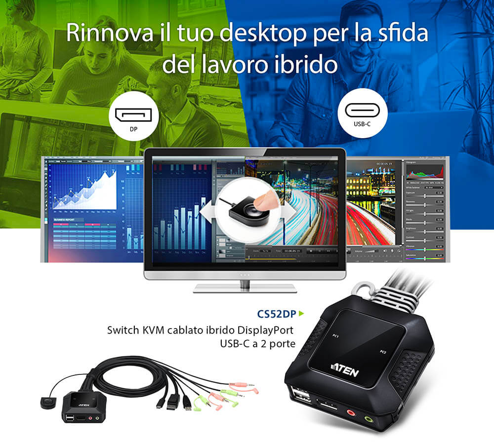 Switch KVM Cablato Ibrido DisplayPort USB-C™ a 2 porte, CS52DP ATEN - immagine 5