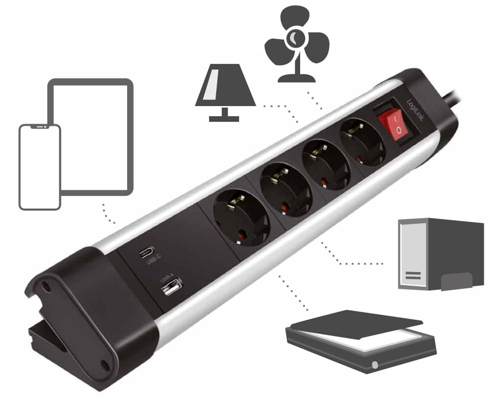 Presa Multipla a 4 vie con Presa USB-C™ PD e USB-A QC per la Ricarica Veloce LOGILINK - immagine 4