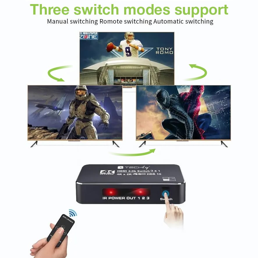 Switch HDMI 2.0b 3in 1out 4K HDR HDCP2.2 con Telecomando TECHLY - immagine 4