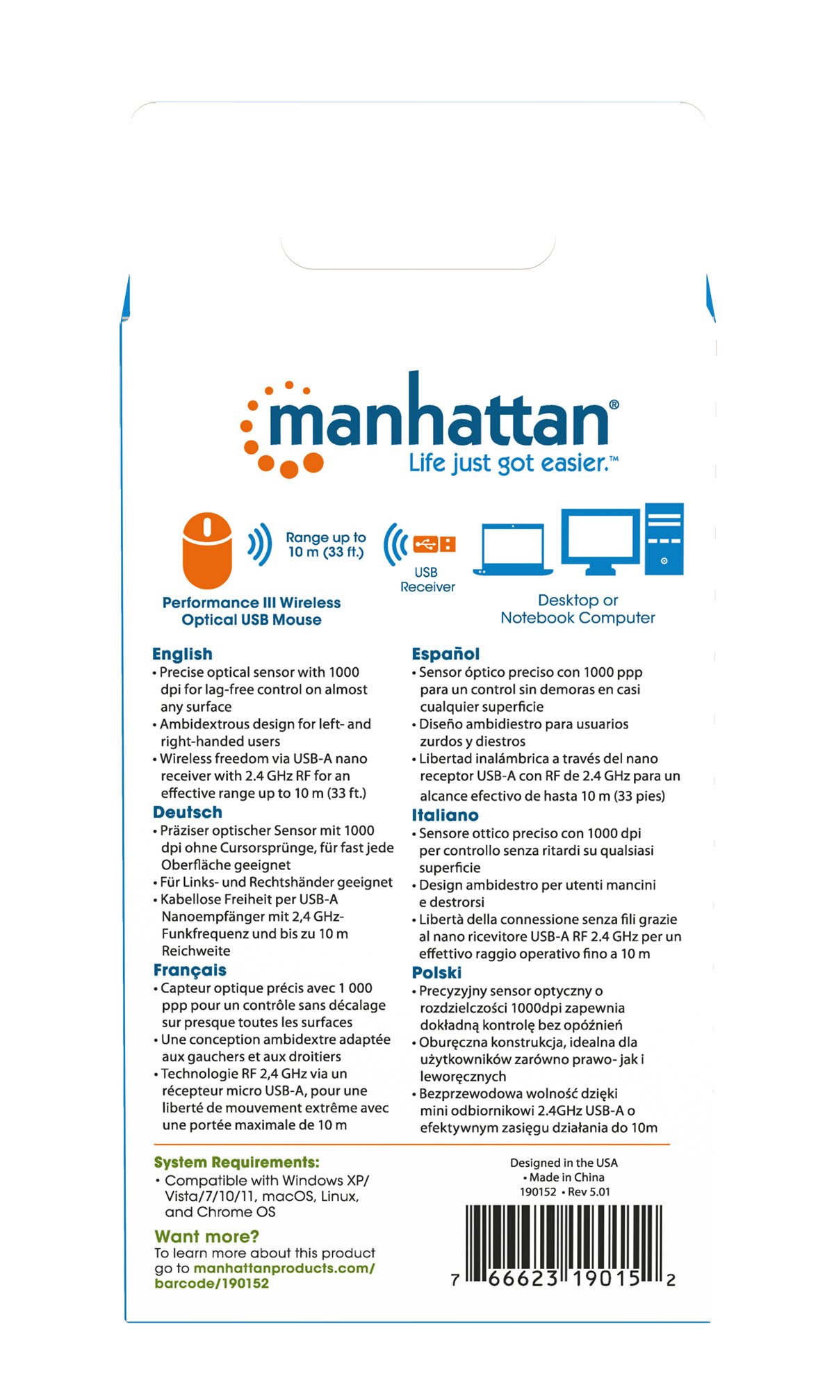 Mouse Ottico USB Wireless Performance III Bianco MANHATTAN - immagine 10