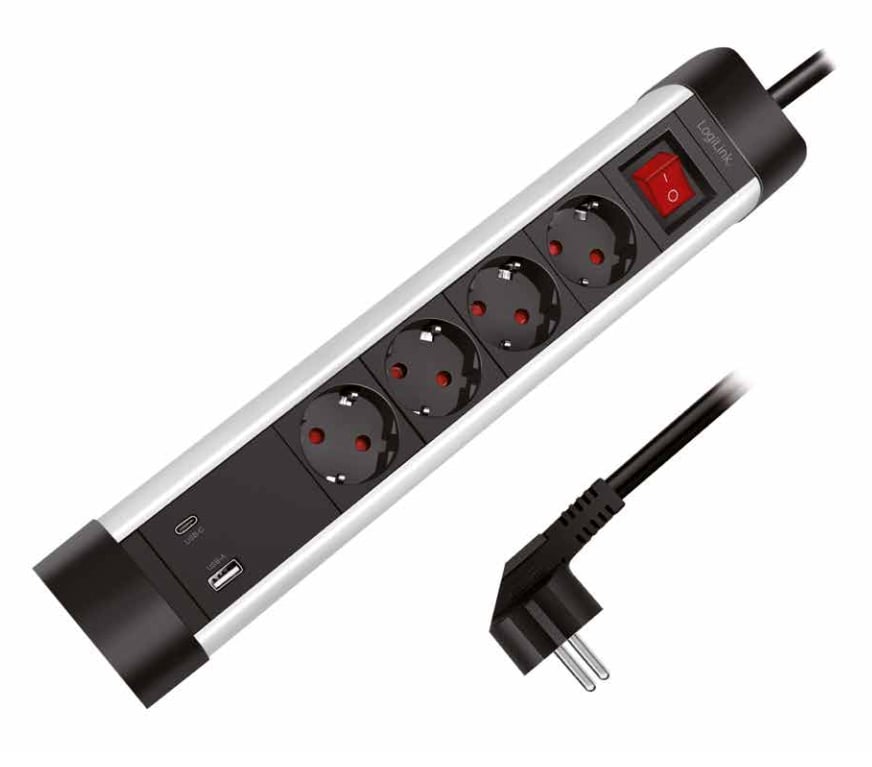 Presa Multipla a 4 vie con Presa USB-C™ PD e USB-A QC per la Ricarica Veloce LOGILINK