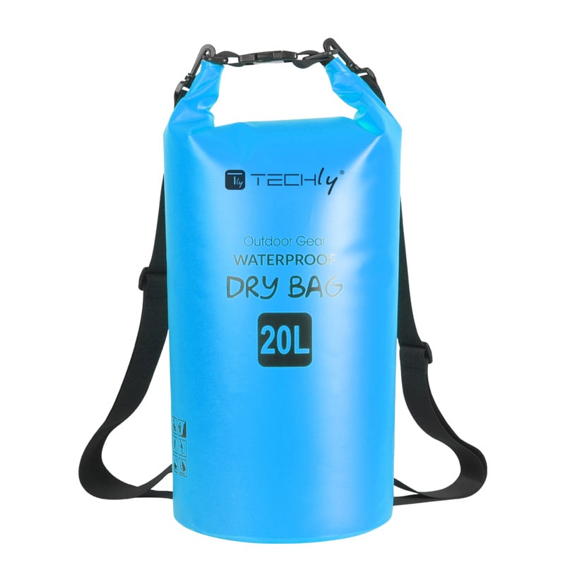 Sacca Impermeabile 20L Dry Bag con Tracolla Regolabile Azzurro TECHLY