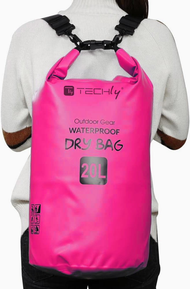 Sacca Impermeabile 20L Dry Bag con Tracolla Regolabile Fucsia TECHLY - immagine 6