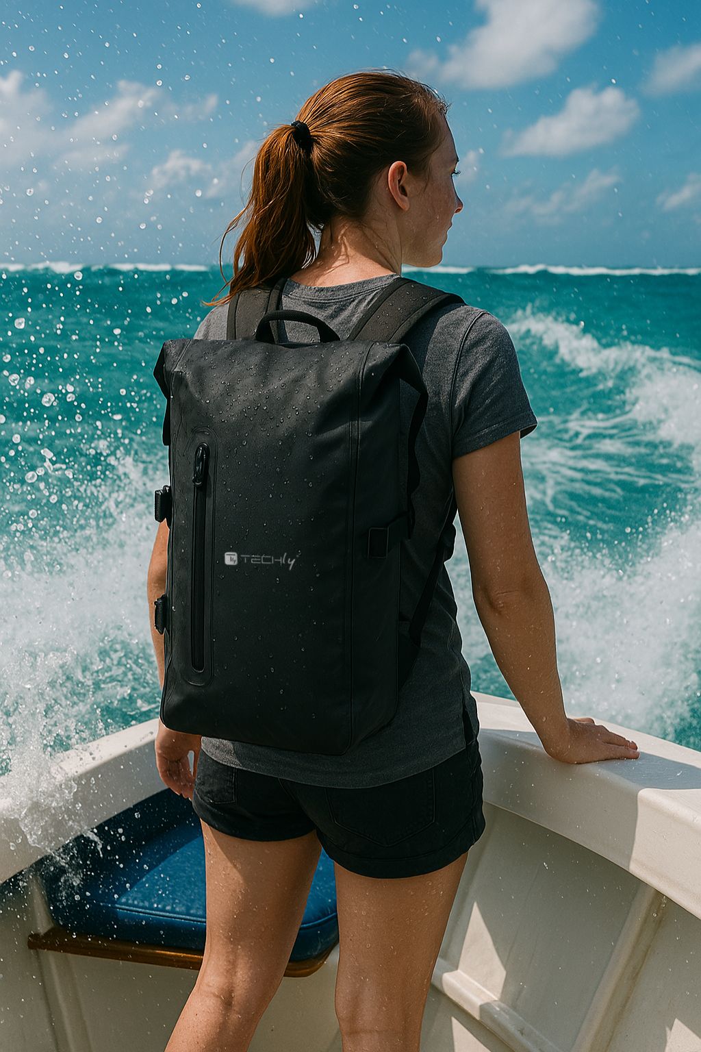 Zaino Impermeabile 25L Roll-Top con Striscia Riflettente Nero TECHLY - immagine 6