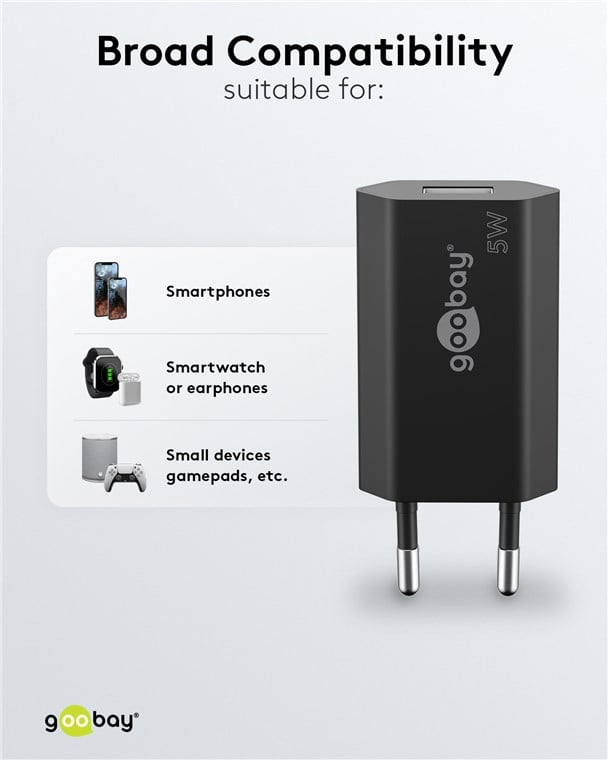 Caricatore USB 1A 5W Compatto Spina Europea Nero GOOBAY - immagine 6