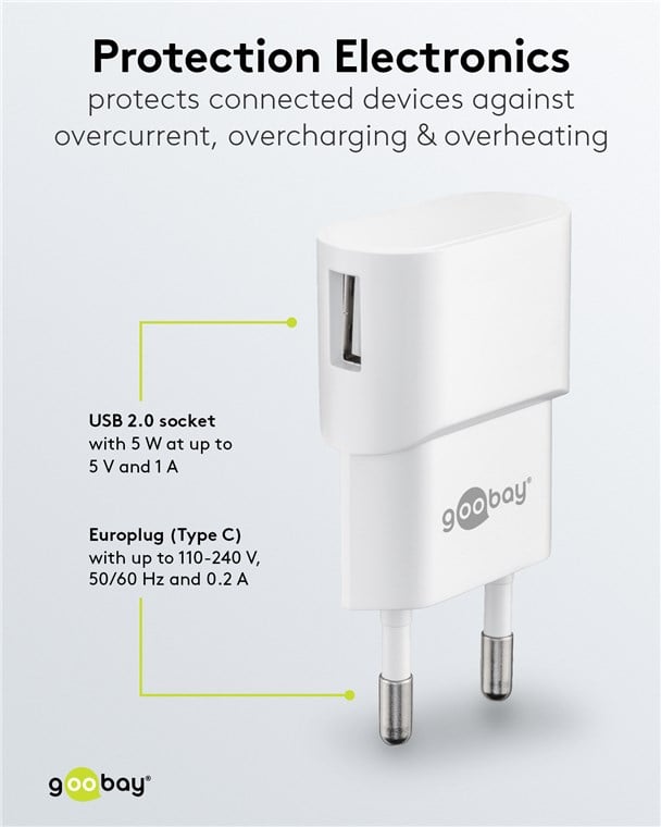 Caricatore USB 1A 5W Compatto Spina Europea Bianco GOOBAY - immagine 6