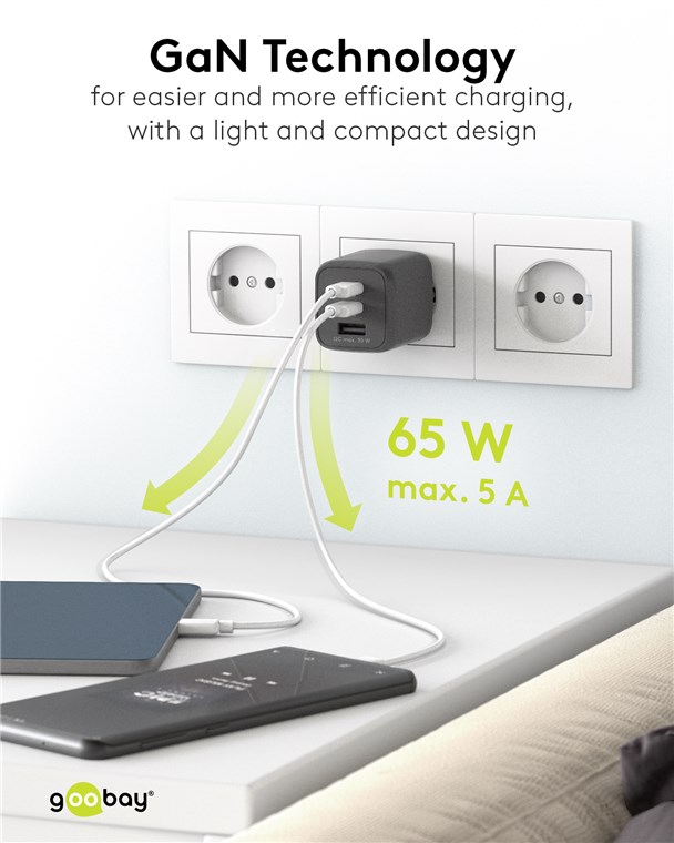 Nano Caricatore Alimentatore GaN 2xUSB-C™ (PD) + USB-A (QC) da Muro 65W Nero GOOBAY - immagine 6