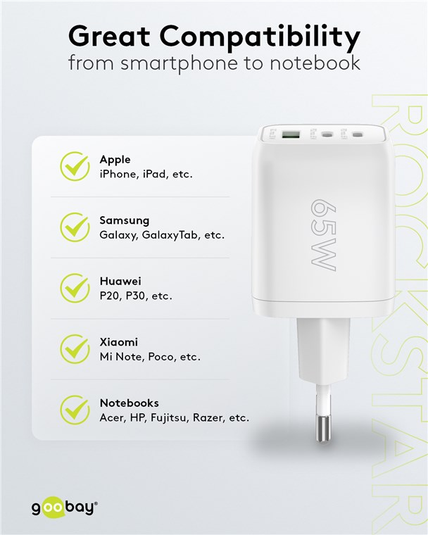 Nano Caricatore Alimentatore GaN 2xUSB-C™ (PD) + USB-A (QC) da Muro 65W Bianco GOOBAY - immagine 6