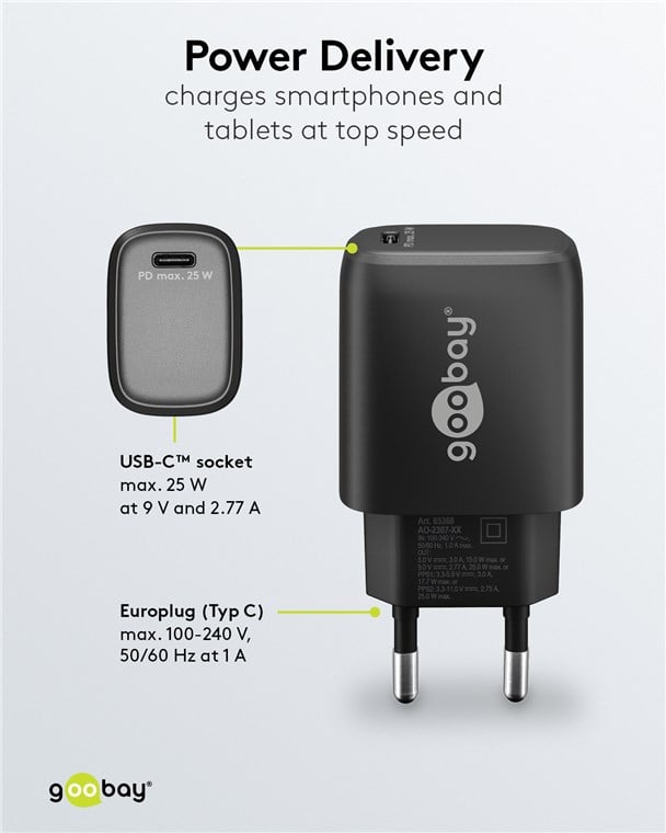 Caricatore Alimentatore GaN USB-C™ PD da Muro 25W Nero GOOBAY - immagine 6