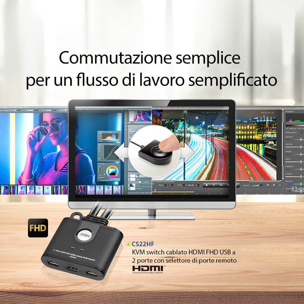 Switch KVM Cablato HDMI FHD USB a 2 porte, CS22HF ATEN - immagine 6