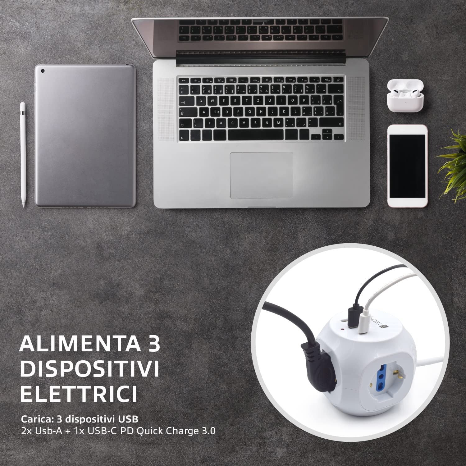 Multipresa a Cubo 3 Posti con 2 Porte USB-A e 1 USB-C™ QC3.0 TECHLY - immagine 6