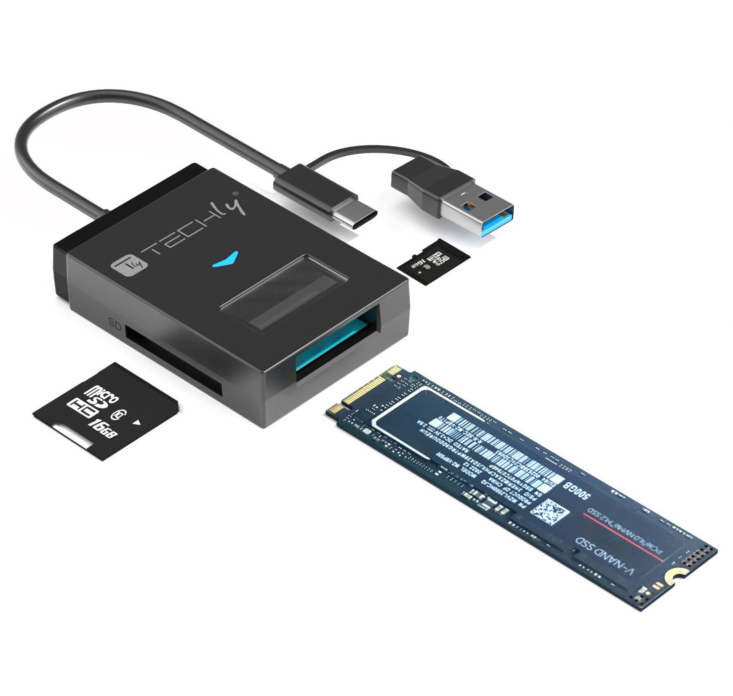 Adattatore USB-A/USB-C™ a NVME/SATA M.2 con Lettore Memorie SD/TF TECHLY