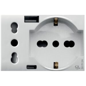 WHITEK S44 Presa Schuko Presa Italiana USB-A e USB-C™ 2P+T 10/16A 250V 3 Moduli Bianco Opaco, 44609015USB AVE