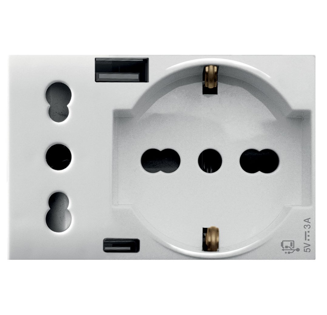 WHITEK S44 Presa Schuko Presa Italiana USB-A e USB-C™ 2P+T 10/16A 250V 3 Moduli Bianco Opaco, 44609015USB AVE