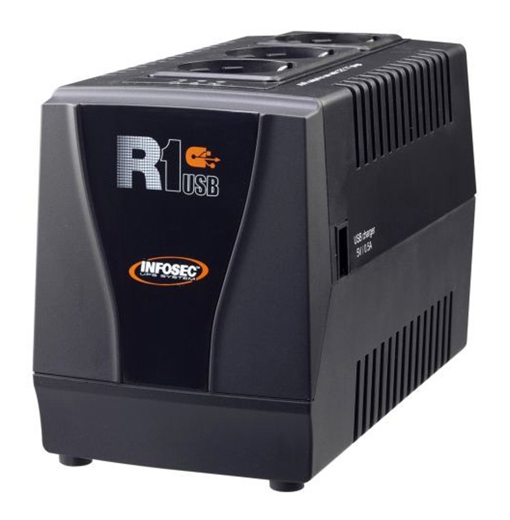 Regolatore automatico di tensione R1 USB 600VA con 3 Prese Schuko Nero INFOSEC