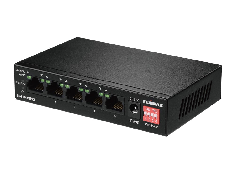 Switch 5 Porte Fast Ethernet a Lungo Raggio con 4 porte PoE+ e Switch DIP, ES-5104PH V2 EDIMAX
