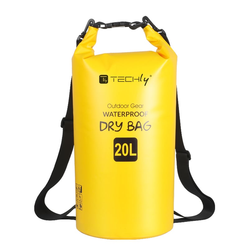 Sacca Impermeabile 20L Dry Bag con Tracolla Regolabile Giallo TECHLY