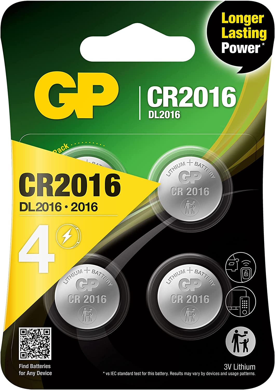 Blister 4 Batterie al Litio a Bottone 3V Lunga Durata CR2016 GP BATTERIES