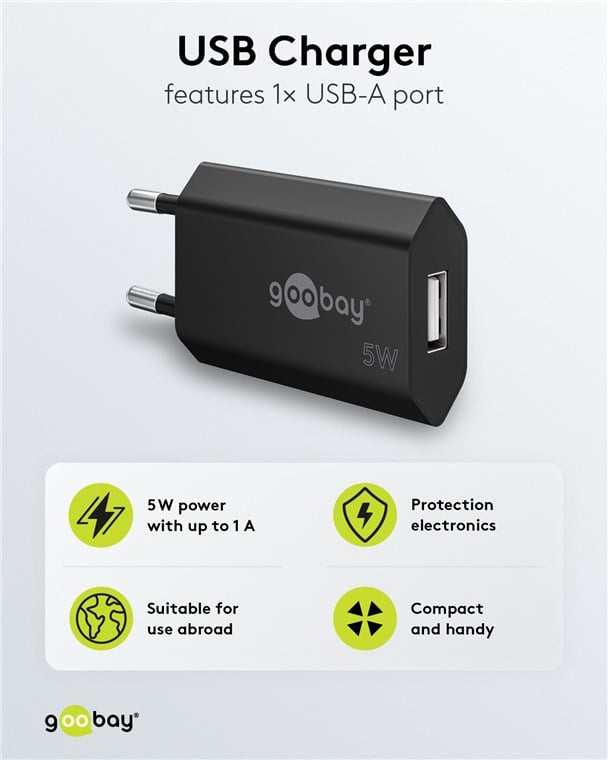 Caricatore USB 1A 5W Compatto Spina Europea Nero GOOBAY - immagine 7