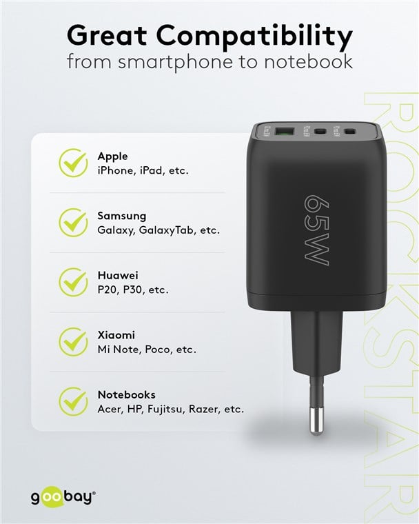 Nano Caricatore Alimentatore GaN 2xUSB-C™ (PD) + USB-A (QC) da Muro 65W Nero GOOBAY - immagine 7