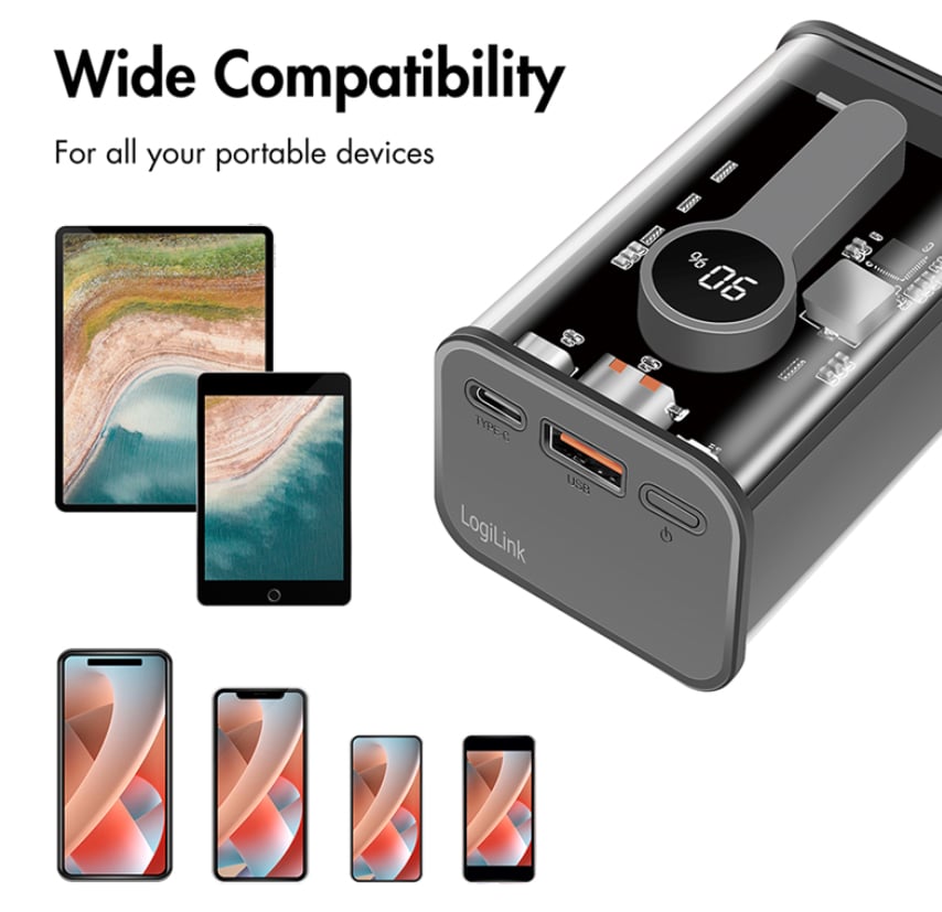 Power Bank 10000 mAh 1x USB-A 1x USB-C™ con Display PD & QC Trasparente LOGILINK - immagine 6