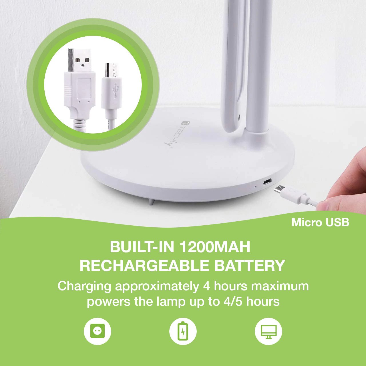 Lampada a 36 LED da Scrivania Pieghevole Dimmerabile Batteria Ricaricabile con Alimentazione USB TECHLY - immagine 6