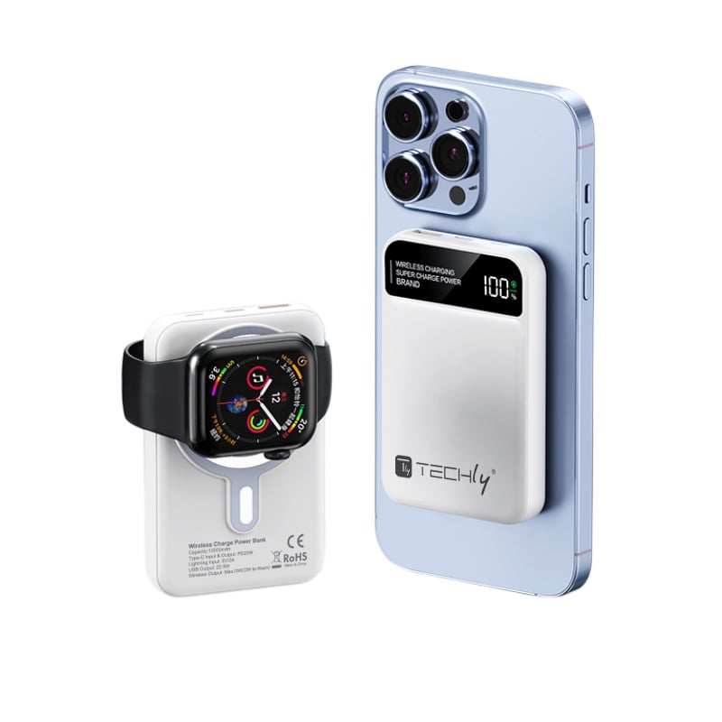 Power Bank Wireless Magnetico 3 in 1 con LED 10.000 mAh 22,5W Bianco TECHLY
