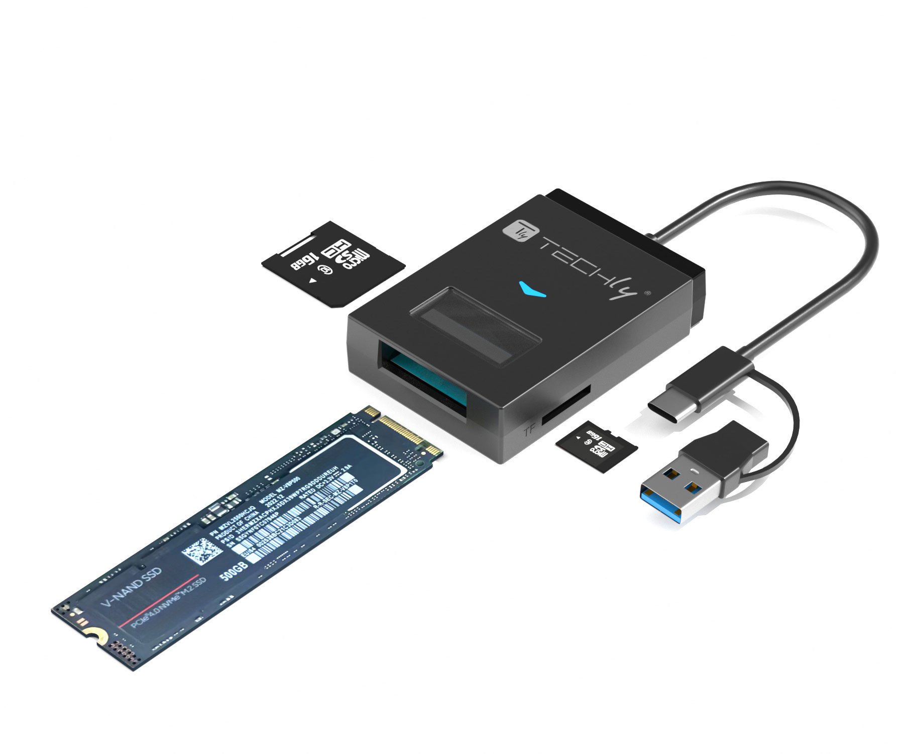 Adattatore USB-A/USB-C™ a NVME/SATA M.2 con Lettore Memorie SD/TF TECHLY - immagine 8