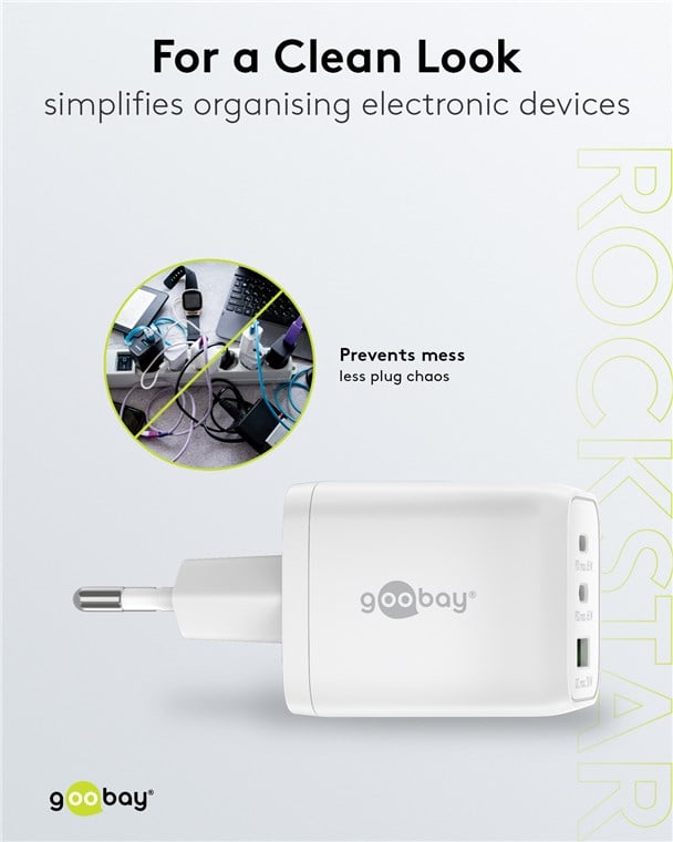 Nano Caricatore Alimentatore GaN 2xUSB-C™ (PD) + USB-A (QC) da Muro 65W Bianco GOOBAY - immagine 8