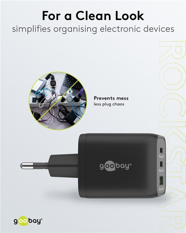 Nano Caricatore Alimentatore GaN 2xUSB-C™ (PD) + USB-A (QC) da Muro 65W Nero GOOBAY - immagine 9