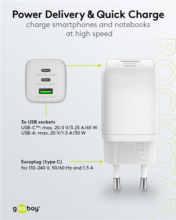 Nano Caricatore Alimentatore GaN 2xUSB-C™ (PD) + USB-A (QC) da Muro 65W Bianco GOOBAY - immagine 9
