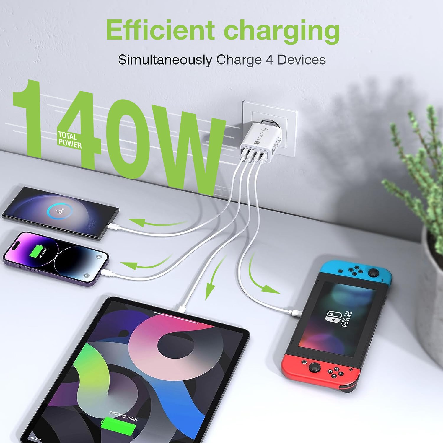 Caricatore Alimentatore GaN 3 porte USB-C™ e 1 USB-A da Muro 140W TECHLY - immagine 9