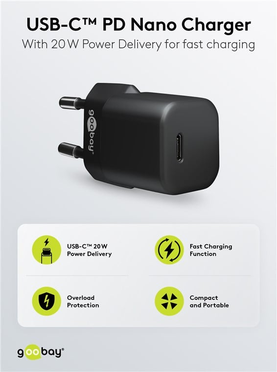 Alimentatore Caricatore Rapido USB-C™ PD GaN Nano 20W 3A Nero GOOBAY - immagine 8