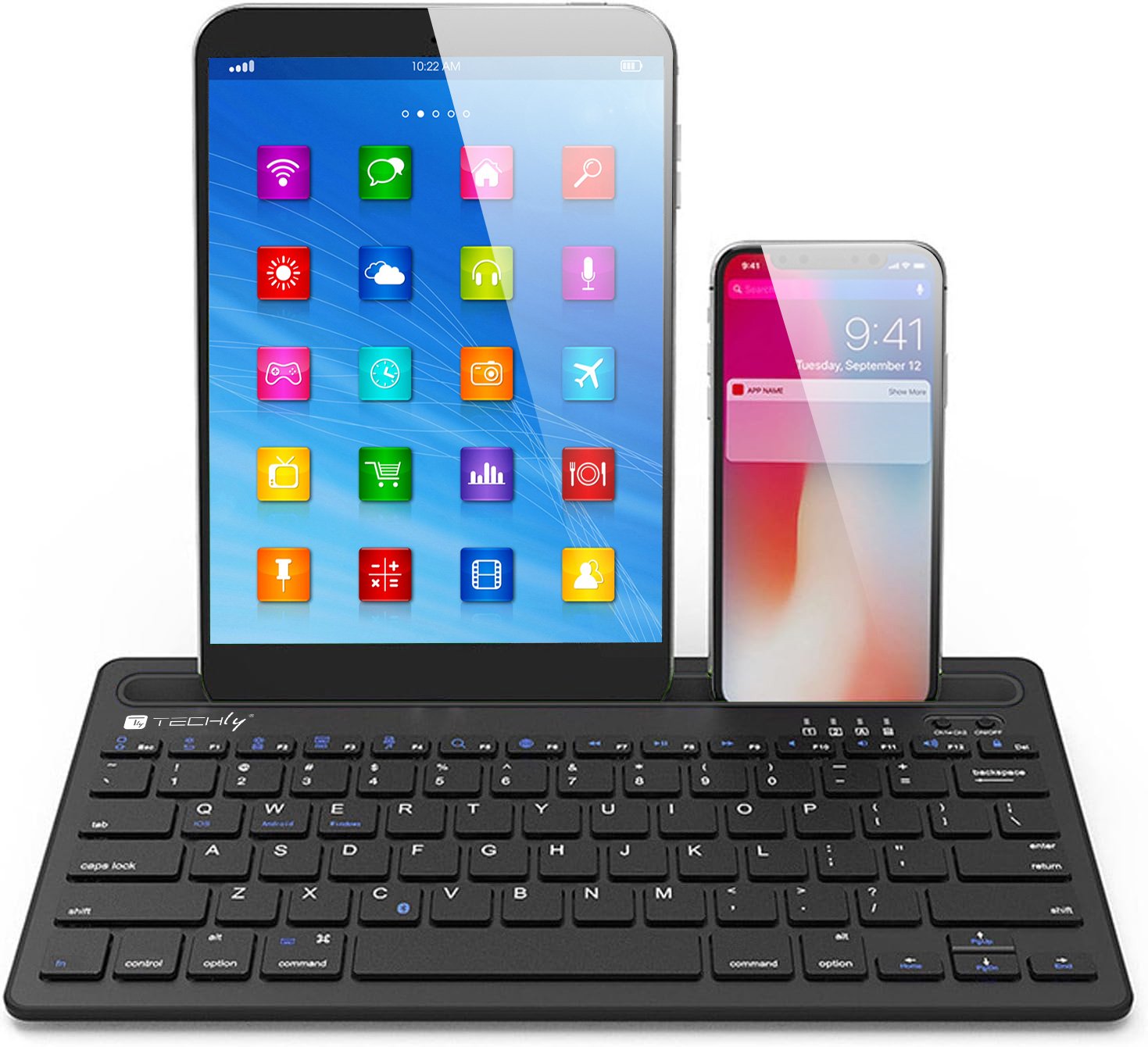 Mini Tastiera Wireless 78 Tasti a 2 Canali con Tasti di Scelta Rapida e Stand per Tablet TECHLY
