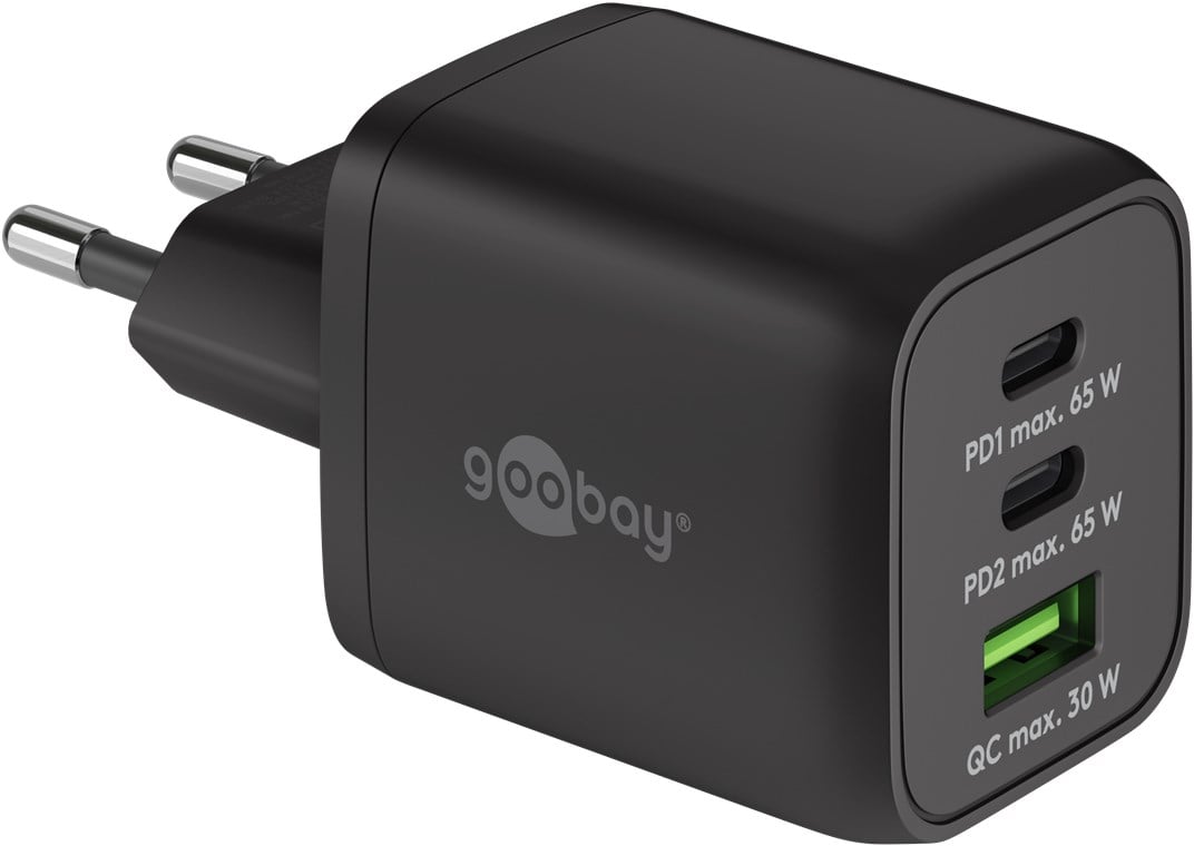 Nano Caricatore Alimentatore GaN 2xUSB-C™ (PD) + USB-A (QC) da Muro 65W Nero GOOBAY