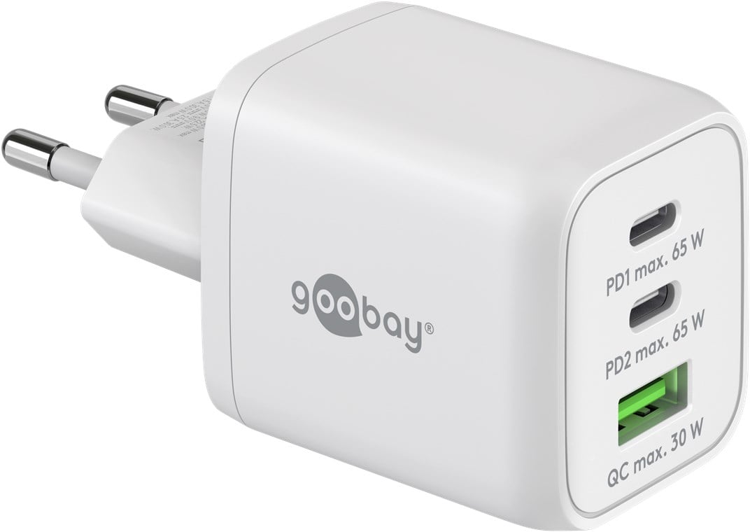 Nano Caricatore Alimentatore GaN 2xUSB-C™ (PD) + USB-A (QC) da Muro 65W Bianco GOOBAY