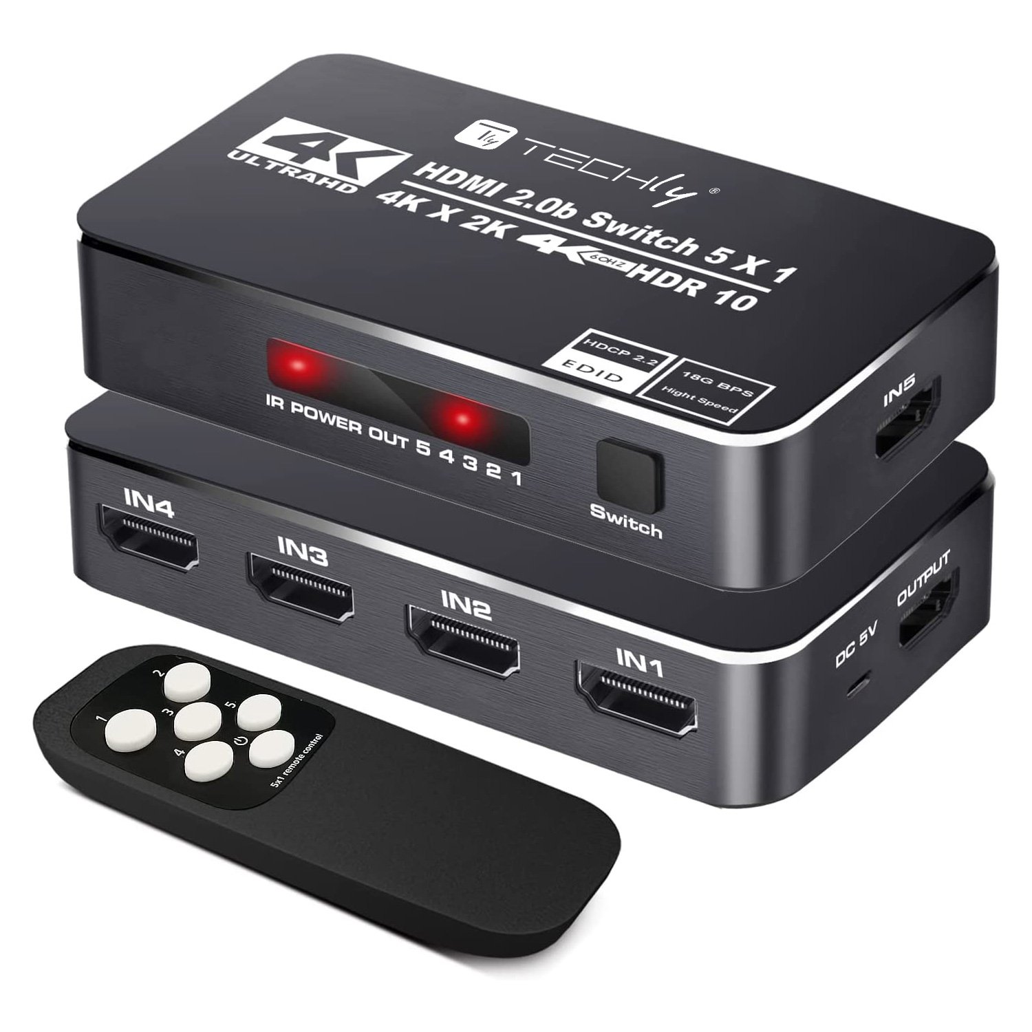 Switch HDMI 2.0b 5in 1out 4K HDR HDCP2.2 con Telecomando TECHLY